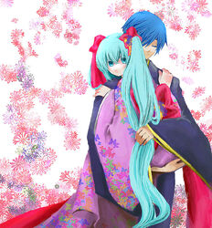  1boy aqua_hair bad_id bad_pixiv_id blue_hair female flower hair_ribbon hatsune_miku holding japanese_clothes kaito_(vocaloid) kimono long_hair nanceee_305 photoshop_(medium) ribbon twintails vocaloid 