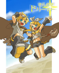  1boy bag blonde_hair blue_eyes brother_and_sister cape commentary_request female goggles hair_ornament hair_ribbon hairclip jumping junji kagamine_len kagamine_rin kirameki_dreamer_(vocaloid) necktie ribbon short_hair shorts siblings twins vocaloid 