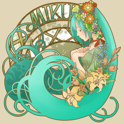  aqua_eyes aqua_hair art_nouveau commentary_request female flower hatsune_miku junji long_hair ribbon solo twintails very_long_hair vocaloid 