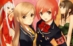  4girls armband armpits blonde_hair bow brown_eyes brown_hair china_dress chinese_clothes dress flat_chest glasses highres hiruda_reia houmei long_hair multiple_girls photoshop_(medium) purple_eyes red_hair scan school_uniform seena_kanon shining_(series) shining_wind short_hair tony_taka touka_kureha white_hair 