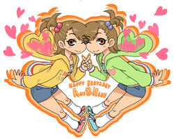  2girls brown_eyes brown_hair casual commentary_request futami_ami futami_mami idolmaster idolmaster_(classic) multiple_girls one_eye_closed siblings side_ponytail sisters twins yashiroku 