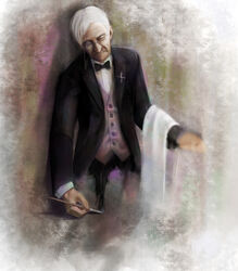  1boy art_brush bow bowtie butler character_drawing_themselves closed_eyes commentary english_commentary formal fourth_wall male_focus mixed-language_commentary monocle monocle_chain old old_man original paintbrush painting_(action) photoshop_(medium) realistic shirt solo suit traditional_bowtie tuxedo_shirt vest walkalone white_hair white_shirt 