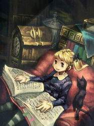  alice_(odin_sphere) blonde_hair book commentary_request feline female odin_sphere photoshop_(medium) sitting socrates_(odin_sphere) twintails watanabe_minoru 