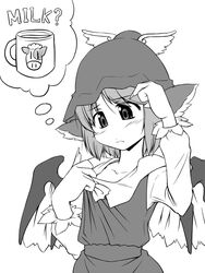  animal_ears collar_tug female fingernails greyscale hat long_fingernails looking_down milk monochrome mystia_lorelei short_hair solo thought_bubble touhou wings you_naka 