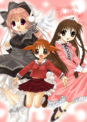  3girls angel animal_ears artist_request azumanga_daioh&#039;s_school_uniform azumanga_daiou braid brown_eyes brown_hair crossover dress jumping karen_(sister_princess) long_hair mihama_chiyo misha_(pita_ten) multiple_girls pink_hair pink_serafuku pink_shirt pita_ten purple_eyes rabbit_ears ribbon school_uniform serafuku shirt sister_princess skirt smile twin_braids twintails wings winter_uniform 