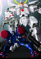  arm_cannon armor command_&amp;_conquer command_&amp;_conquer:_red_alert_3 commentary_request crossover duel electricity helmet japan japanese_armor japanese_flag kabuto_(helmet) king_oni lightning mecha metal_wolf metal_wolf_chaos ninben_(durandal) no_humans robot rocket_launcher science_fiction size_difference weapon 