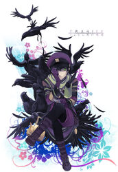  1boy androgynous bird boots commentary_request copyright_name crossed_legs crow crow_(fragile) feathers flower fragile:_sayonara_tsuki_no_haikyo gender_request gloves green_eyes hand_on_headwear hat kettle long_sleeves male_focus natsuhiko photoshop_(medium) short_hair sitting solo 