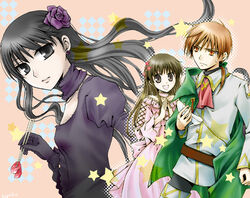  1boy 2girls black_eyes black_hair brown_eyes brown_hair chopsticks cinderella commentary_request dress earrings flower food fruits_basket gloves goth_fashion gown hair_flower hair_ornament hanajima_saki high_heels hirako honda_tohru jewelry long_hair meat multiple_girls orange_eyes orange_hair photoshop_(medium) pink_dress shoes smile souma_kyou star_(symbol) sweatdrop 