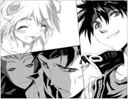  3boys cleo_everlastin closed_eyes commentary_request female greyscale headband keith_royal majutsushi_orphen monochrome multiple_boys orphen sarua_solude short_hair yuuki_(yuuki333) 