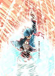  1boy bandages blue_hair goggles kamina_pose kendo_(artist) male_focus open_clothes open_shirt photoshop_(medium) pointing pointing_up shirt simon_(ttgl) solo tengen_toppa_gurren_lagann translated 