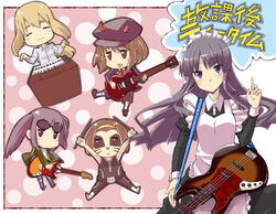  5girls ac/dc akiyama_mio alternate_costume angus_young bad_id bad_pixiv_id bass_guitar black_hair cabbie_hat chibi cosplay drumsticks electric_guitar enmaided facepaint gibson_sg guitar hat hirasawa_yui horns instrument k-on! kiss_(rock_band) kotobuki_tsumugi kurt_cobain left-handed long_hair maid multiple_girls nakano_azusa nirvana_(band) numako organ_(instrument) peter_criss peter_criss_(cosplay) polka_dot sunglasses tainaka_ritsu 