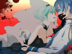  1boy aqua_eyes aqua_hair bad_id bad_pixiv_id bare_shoulders bitte black_choker black_dress black_gloves blood blood_splatter blue_eyes blue_hair blue_nails breasts cendrillon_(vocaloid) choker cleavage collarbone couple dagger dress earrings elbow_gloves eye_contact face-to-face female gloves hair_bun hand_on_another&#039;s_mouth hatsune_miku imminent_death jewelry kaito_(vocaloid) knife leaning_forward lipstick looking_at_another makeup medium_breasts on_person painttool_sai_(medium) red_lips single_hair_bun small_breasts straddling straight upright_straddle veil vocaloid weapon white_veil 