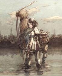  brown_hair chocobo commentary_request creature fantasy female final_fantasy photoshop_(medium) short_hair solo wading walking watanabe_minoru water 