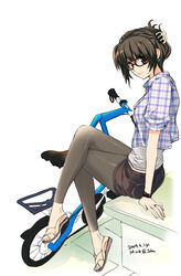  2009 bad_id bad_pixiv_id bicycle brown_hair claw_hair_clip comb copyright_request crossed_legs denim denim_skirt earrings female folded_ponytail folding_bicycle glasses hair_ornament hair_up jewelry leggings legs looking_back mirk pencil_skirt photoshop_(medium) ring sandals signature simple_background sitting skirt solo wedding_ring wristband 