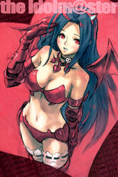  bad_id bad_pixiv_id bat_wings blue_hair breasts cleavage elbow_gloves female gloves idolmaster idolmaster_(classic) large_breasts long_hair miura_azusa nightmare_blood_(idolmaster) photoshop_(medium) red_eyes solo thighhighs very_long_hair wings yakinasu 