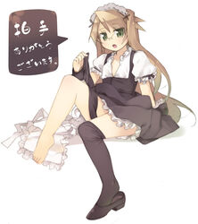  arima_senka barefoot black_thighhighs blonde_hair feet female glasses green_eyes kashiwamochi_yomogi lingerie long_hair maid maid_headdress open_clothes open_shirt original petticoat photoshop_(medium) shirt shoe_dangle shoes single_shoe sitting solo thighhighs translated underwear undressing very_long_hair webclap 