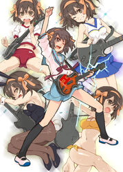  animal_ears bikini black_socks blue_sailor_collar blue_skirt brown_eyes brown_hair buruma cheerleader commentary_request electricity female god_knows... guitar guitar_hero gym_uniform hairband instrument kita_high_school_uniform kneehighs murasawa_hiroshi official_alternate_costume one_eye_closed painttool_sai_(medium) pantyhose playboy_bunny rabbit_ears sailor_collar school_uniform serafuku shoes short_hair skirt socks summer_uniform suzumiya_haruhi suzumiya_haruhi_no_yuuutsu sweat swimsuit uwabaki 