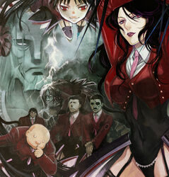  6+boys bald black_garter_straps black_hair commentary_request cosplay envy_(fma) eyepatch facial_hair father_(fma) female formal fullmetal_alchemist garter_straps gluttony_(fma) greed_(fma) king_bradley leotard lightning lipstick lust_(fma) makeup mamiya_t moustache multiple_boys necktie o3o pink_necktie pride_(fma) red_eyes selim_bradley showgirl_skirt sloth_(fma) spoilers stakes_of_purgatory stakes_of_purgatory_(cosplay) suit trait_connection umineko_no_naku_koro_ni wrath_(fma) 