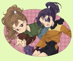  3girls bad_id bad_pixiv_id brown_hair cosplay fukutomi_shinbei fukutomi_shinbei_(cosplay) glasses inadera_rantarou inadera_rantarou_(cosplay) kinako_(moment) long_hair multiple_girls ponytail purple_eyes purple_hair rakudai_ninja_rantarou red_eyes settsuno_kirimaru settsuno_kirimaru_(cosplay) shige_(rakudai_ninja_rantarou) tomomi_(rakudai_ninja_rantarou) yuki_(rakudai_ninja_rantarou) 