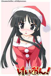  akiyama_mio black_eyes black_hair blush breasts christmas cleavage commentary_request female hat k-on! large_breasts long_hair santa_costume santa_hat solo tears yamano_sachi 