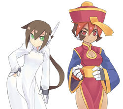  2girls aile_(mega_man_zx) atlas_(mega_man) breasts brown_hair china_dress chinese_clothes cleavage cleavage_cutout clothing_cutout cosplay dark-skinned_female dark_skin dress dyed_bangs gloves green_eyes jiangshi lei_lei lei_lei_(cosplay) lowres medium_breasts mega_man_(series) mega_man_zx mega_man_zx_advent multicolored_hair multiple_girls ponytail red_eyes red_hair robot_ears shigehiro_(hiroi_heya) vampire_(game) 