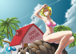  android_18 bikini blonde_hair blue_eyes cloud commentary_request contrail day dragon_ball dragon_ball_z female front-tie_top house kame_house navel noizu_(tragon) outdoors sky swimsuit turtle umigame_(dragon_ball) 