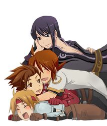  4boys armor bad_id bad_pixiv_id blonde_hair brown_eyes brown_hair chan_mage cress_albane crossover headband in-franchise_crossover lloyd_irving luke_fon_fabre male_focus multiple_boys red_hair red_shirt shirt smile tales_of_(series) tales_of_phantasia tales_of_symphonia tales_of_the_abyss tales_of_vesperia yuri_lowell 