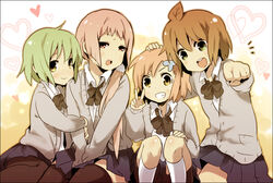  4girls blush brown_hair commentary green_hair happy heart hug kl-chan kl_(dgzonbi) long_hair massugu_go mono_(character) multiple_girls original pantyhose photoshop_(medium) pink_hair punchiki_(character) school_uniform short_hair skirt squatting sweater thighhighs tooi-chan v 