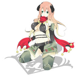  arishiki armor bare_shoulders breasts commentary_request emblem fantasy_earth fantasy_earth_zero female green_eyes kneeling large_breasts long_hair pink_hair scarf scout_(clair_outfit)_(fantasy_earth_zero) scout_(fantasy_earth) solo thighhighs 