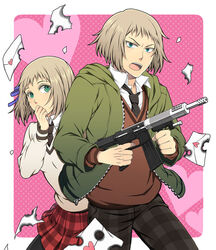  1boy axis_powers_hetalia bad_id bad_pixiv_id black_necktie blonde_hair female green_eyes gun hair_ribbon heart hood hoodie letter liechtenstein_(hetalia) love_letter necktie plaid plaid_skirt protecting ribbon school_uniform short_hair siblings skirt submachine_gun sweater switzerland_(hetalia) topon_(dallar) weapon world_w_academy_school_uniform 