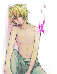  1boy bad_link blonde_hair bug butterfly collarbone green_eyes kagamine_len kuwahara_souta looking_at_viewer male_focus migikata_no_chou_(vocaloid) navel no_nipples solo stomach topless_male vocaloid 