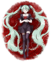  aqua_hair closed_eyes commentary_request female flower hair_ribbon hatsune_miku junji legs long_hair lying on_back red_flower ribbon sleeping solo spider_lily thighhighs twintails very_long_hair vocaloid zettai_ryouiki 