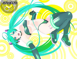  bad_id bad_pixiv_id bikini black_bikini boots breasts female giru green_eyes green_hair hatsune_miku long_hair medium_breasts solo swimsuit thigh_boots thighhighs twintails underboob very_long_hair vocaloid 