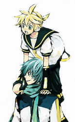  2boys bad_link blonde_hair blue_eyes blue_hair detached_sleeves headphones kagamine_len kaito_(vocaloid) kuwahara_souta lowres male_focus multiple_boys necktie scarf shorts vocaloid 