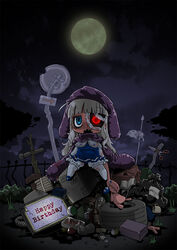  anorak aqua_eyes bandage_over_one_eye bandages blood chibi commentary_request crazy_eyes dress female full_moon glowing glowing_eye hat hoshino_darts long_hair moon original pantyhose red_eyes skirt solo zombie 