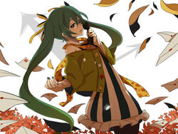  commentary_request cordless_phone female flower green_eyes green_hair hair_ribbon hatsune_miku letter long_hair lowe_(slow) pantyhose phone photoshop_(medium) ribbon scarf solo tears twintails very_long_hair vocaloid 