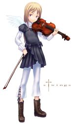  blonde_hair boots bow bow_(music) brown_eyes commentary_request dress female instrument long_hair original sabamu solo sweater viola_(instrument) wings 