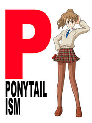  blue_necktie brown_footwear brown_hair brown_pantyhose closed_mouth collared_shirt commentary_request eyes_visible_through_hair female full_body lielos long_sleeves looking_at_viewer miniskirt necktie original pantyhose parody plaid plaid_skirt pleated_skirt poniko_(lielos) ponytail school_uniform shirt shoes simple_background skirt solo standing suzumiya_haruhi_no_yuuutsu sweater white_background white_shirt 