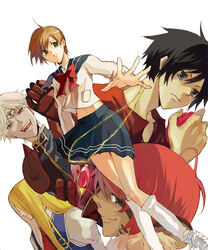  2girls 3boys allen_schezar bad_id bad_pixiv_id cat_girl dilandau_albatou gem gororo_(tomatok) jewelry kanzaki_hitomi merle_(tenkuu_no_escaflowne) midriff multiple_boys multiple_girls navel necklace pendant red_gemstone school_uniform tenkuu_no_escaflowne van_fanel white_background 