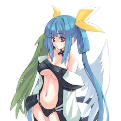  amano_yuu asymmetrical_wings blue_hair bow breasts colored_eyelashes commentary_request dizzy_(guilty_gear) female guilty_gear hairbow large_breasts long_hair navel oekaki red_eyes solo twintails underboob wings 