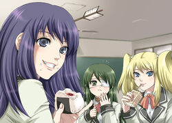  3girls arrow_(projectile) arrow_in_body arrow_in_head bad_id bad_pixiv_id blonde_hair blue_eyes blue_hair blush classroom coco_(nattou) coffee eating eyepatch food food_on_face fork green_eyes green_hair grin hair_bobbles hair_ornament holding holding_fork hoshino_yachiho indoors itoi_kaede juice_box lips lipstick makeup multiple_girls narahara_kei noberuge object_through_head onigiri pinky_out rice rice_on_face school_uniform smile twintails 