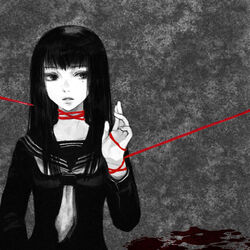  bad_id bad_pixiv_id black_hair blood copyright_request female kno_(anahita) long_hair mole mole_under_eye monochrome school_uniform serafuku solo spot_color string string_of_fate 