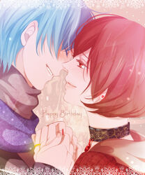  1boy bad_id bad_pixiv_id choker couple female happy_birthday holding_hands jewelry kaito_(vocaloid) meiko_(vocaloid) ring smile straight vocaloid wii_hola 