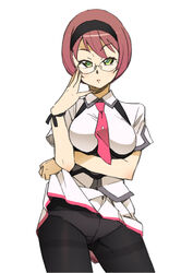  adjusting_eyewear baba_tsutsuji bad_id bad_pixiv_id black_pantyhose brown_hair clothes_lift commentary_request crotch_seam female glasses green_eyes hairband katou_haruaki necktie panties panties_under_pantyhose pantyhose pantyshot pink_hair school_uniform short_hair skirt skirt_lift solo sora_wo_kakeru_shoujo surre_academy_school_uniform thighband_pantyhose underwear 