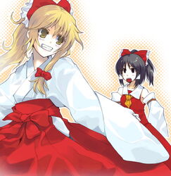  2girls alternate_costume alternate_hairstyle black_eyes blonde_hair bow brown_hair colored_eyelashes detached_sleeves eyelashes grin hairbow hakurei_reimu halftone halftone_background japanese_clothes kirisame_marisa large_bow long_hair looking_back miko multiple_girls ponytail smile tamaki_fuyu touhou yellow_eyes 