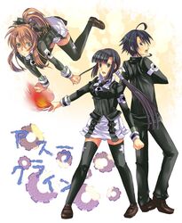  1boy 2girls asura_cryin&#039; commentary_request fire minakami_misao multiple_girls naridon natsume_tomoharu school_uniform takatsuki_kanade thighhighs zettai_ryouiki 