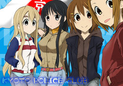  3e 4girls akiyama_mio belt black_hair blazer blonde_hair casual denim flag hirasawa_yui hood hoodie jacket jeans k-on! kotobuki_tsumugi letterman_jacket long_hair multiple_girls pants photoshop_(medium) short_hair smile tainaka_ritsu thick_eyebrows tomboy tongue turtleneck 