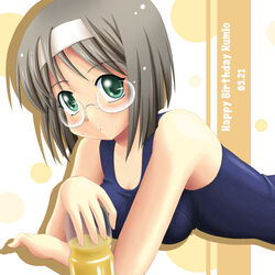  akiyama_fumio bad_id bad_pixiv_id female glasses green_eyes hairband kurushima_awa lying on_stomach one-piece_swimsuit photoshop_(medium) school_swimsuit short_hair silver_hair solo swimsuit tsuki_wa_higashi_ni_hi_wa_nishi_ni 