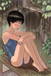  :o ayumu_(zenkou) barefoot bench black_hair blush commentary_request crossed_arms dappled_sunlight dated feet female hugging_own_legs ivy knees_up looking_at_viewer one-piece_swimsuit orange_eyes original outdoors parted_lips shadow short_hair sitting solo sunlight swimsuit window zenkou 