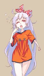  bow clothes_writing colored_eyelashes commentary_request female fujiwara_no_mokou hair_ribbon long_hair naked_shirt no_pants oekaki one_eye_closed open_mouth oversized_clothes ribbon roku_(warrock) shirt solo t-shirt touhou white_hair yawning 